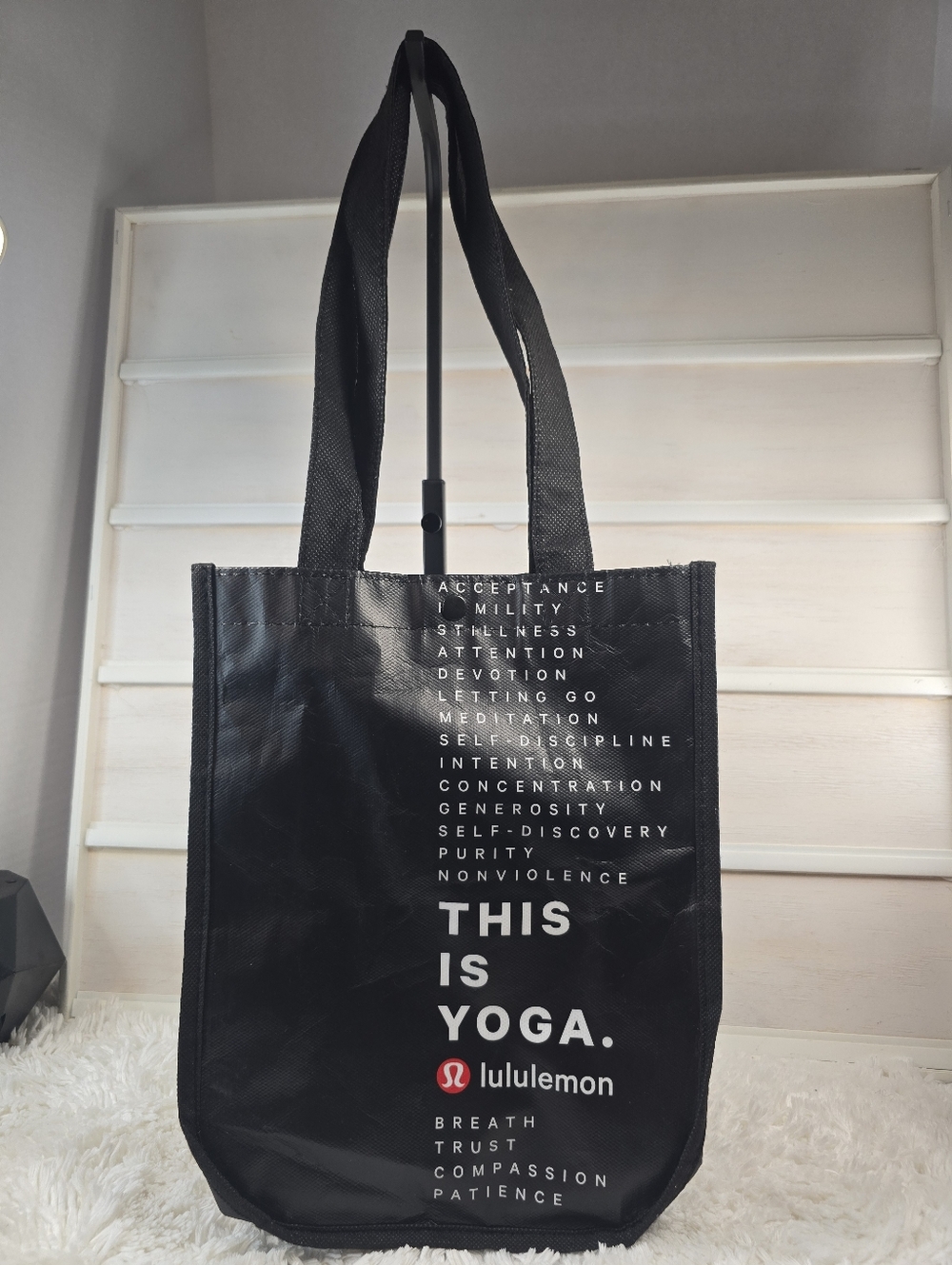 lululemon athletica Black reuseable shopping Tote with White 'THIS IS YOGA.'
